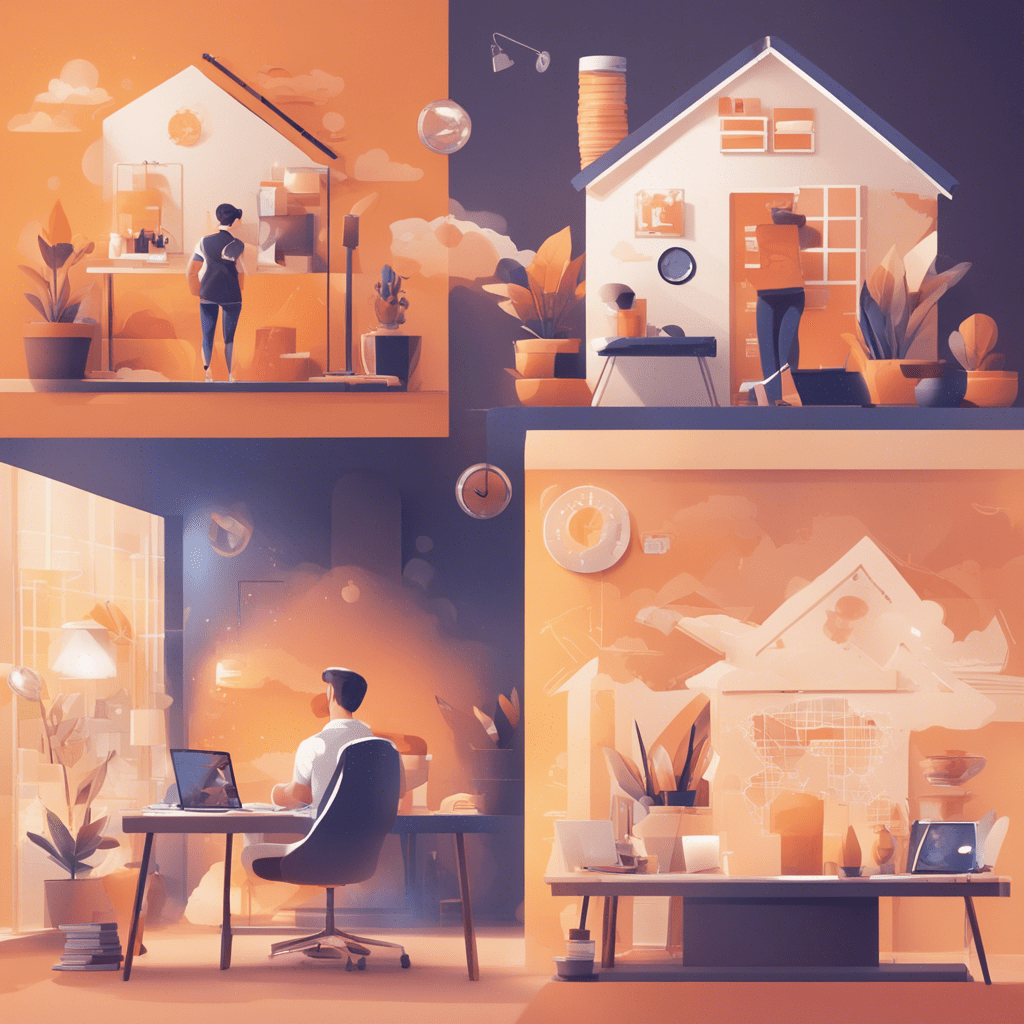 A collage depicting the main benefits of affiliate programs: free time, money, income growth graphs and a happy person working from home. In the background is a stylized house with a comfortable workplace and logos of affiliate programs