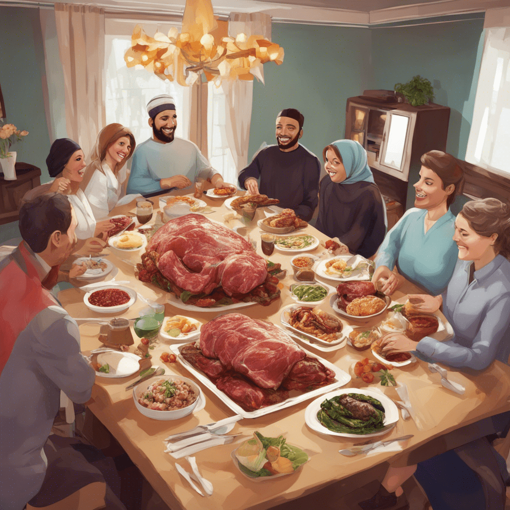 Family, Muslim party, holiday event, meat at the table, beautiful house,