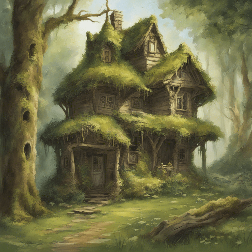 summer forest, an old bast house covered with moss, porch, house for grandfather, not far away a tree with a wide crown, a tree with a hollow, a large owl flies nearby,