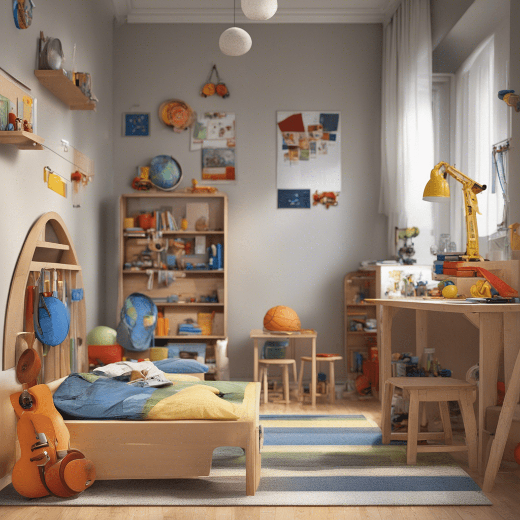 Room for boy, toys, sport instruments, school table