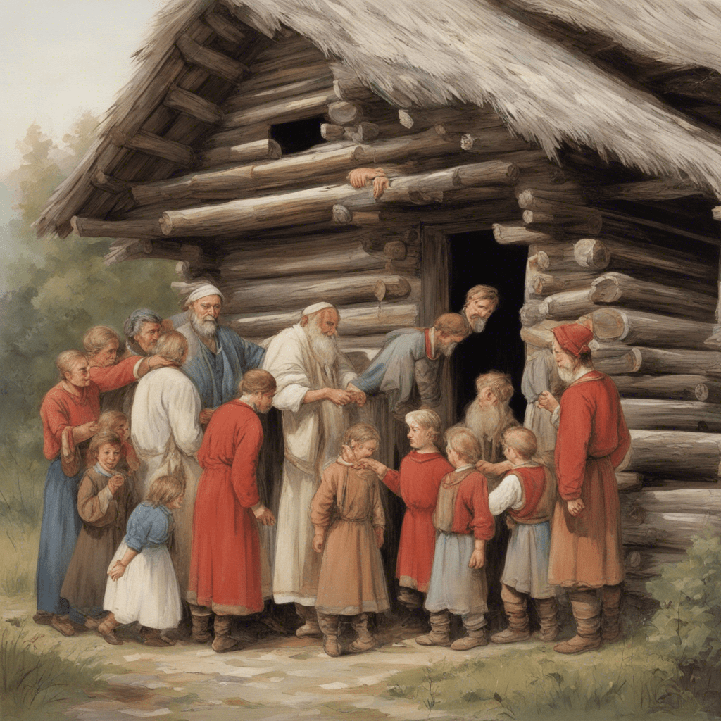 Left view, white background, bowing with hand inviting to enter the house, ancient Russian grandfather, white beard, red shirt, 10 children of different ages in a log house with a porch,