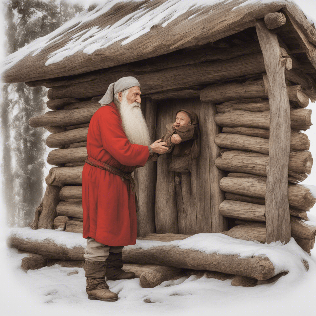 Left view, white background, bowing with hand inviting to enter the house, ancient Russian grandfather, white beard, red shirt, 10 children of different ages in a log house with a porch,